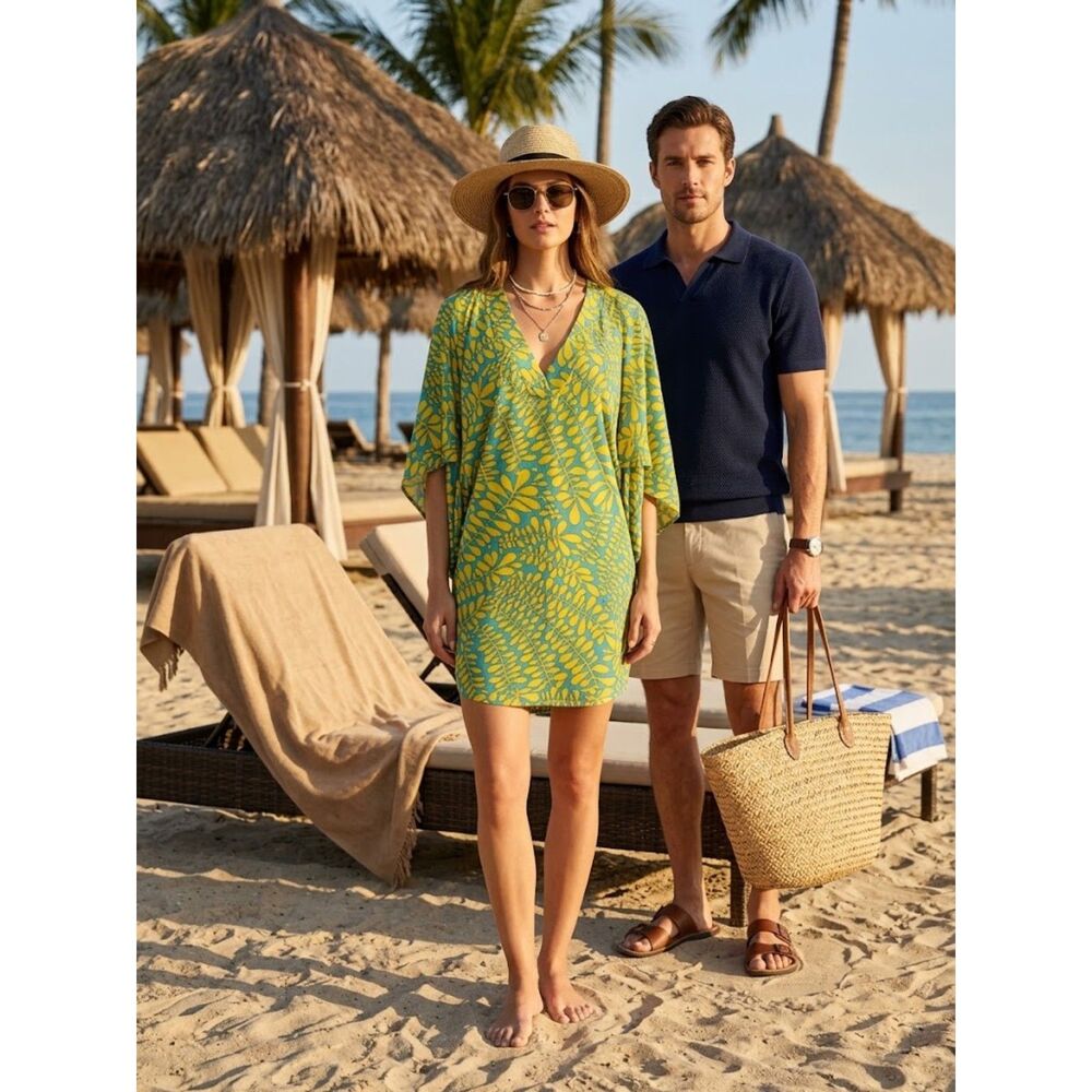 Trina Turk Trellis Cover Up Blue Yellow V-Neck Medium Stretch Beach Summer
